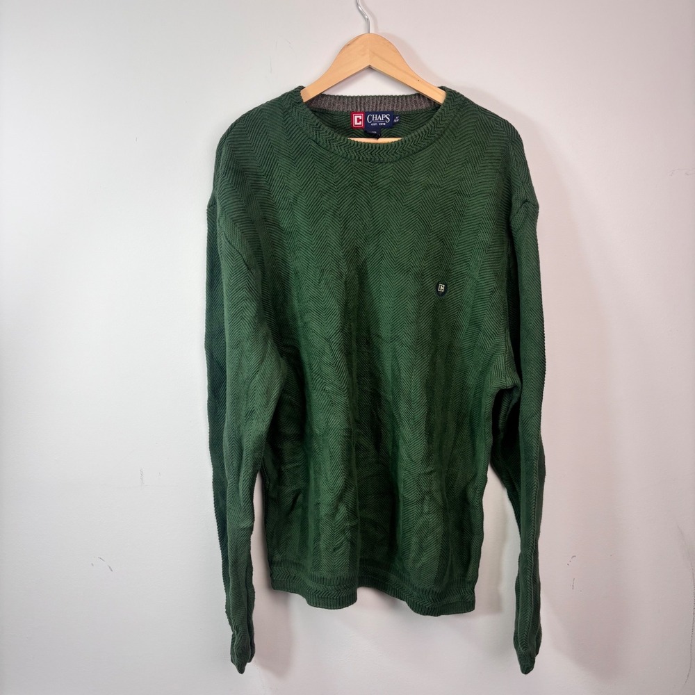 Chaps Green Herringbone Cotton Crewneck Sweater XL Preppy Grandpa Core